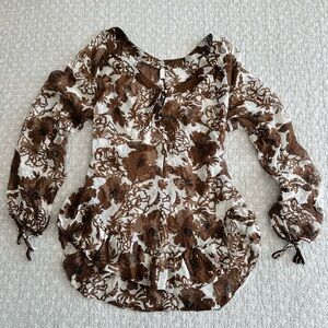 Brown Floral Sheer Tie-Neck Ruffle Blouse Tunic Top Boho Fairy Romantic Size S